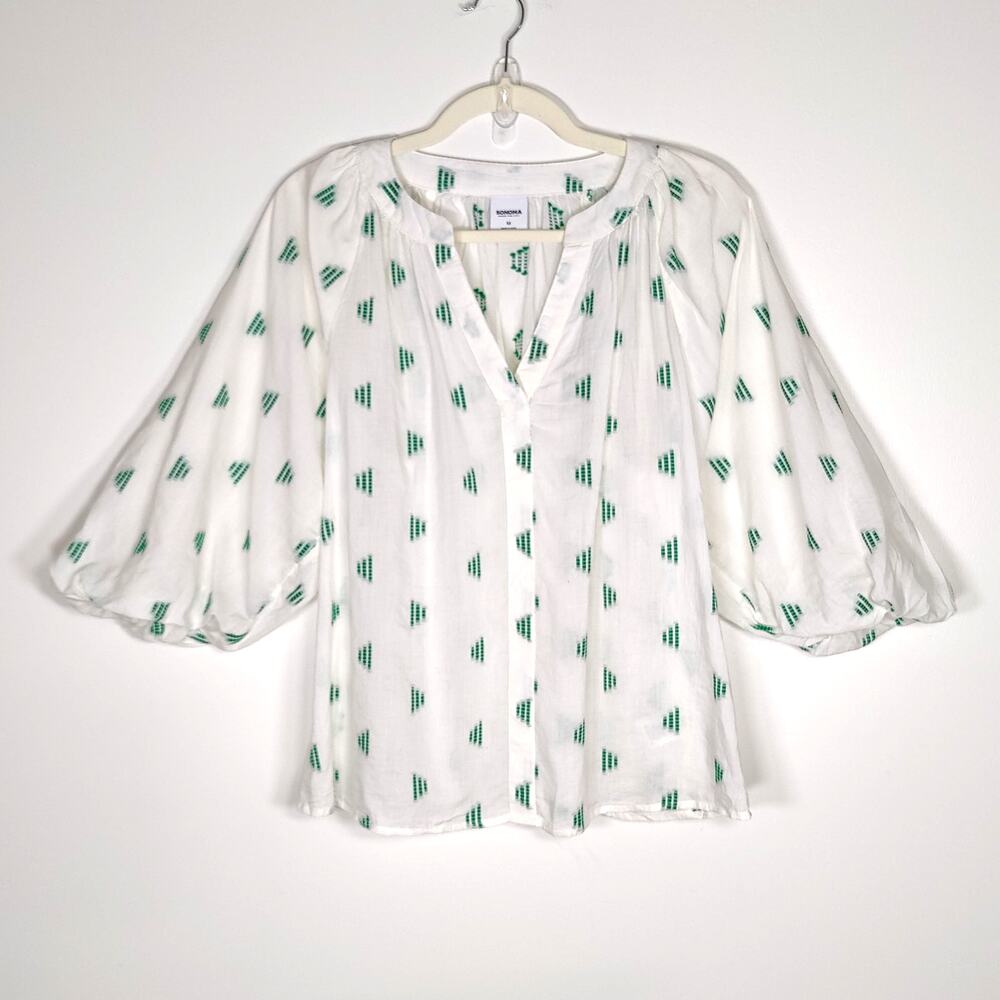 Sonoma Peasant Blouse Embroidered V Neck White Green M Cotton Modal